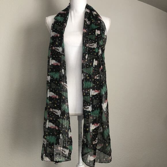 Cejon Christmas Tree Snowman Scarf Wrap Oversized Chiffon Black Silver #MQ25 - Picture 2 of 7